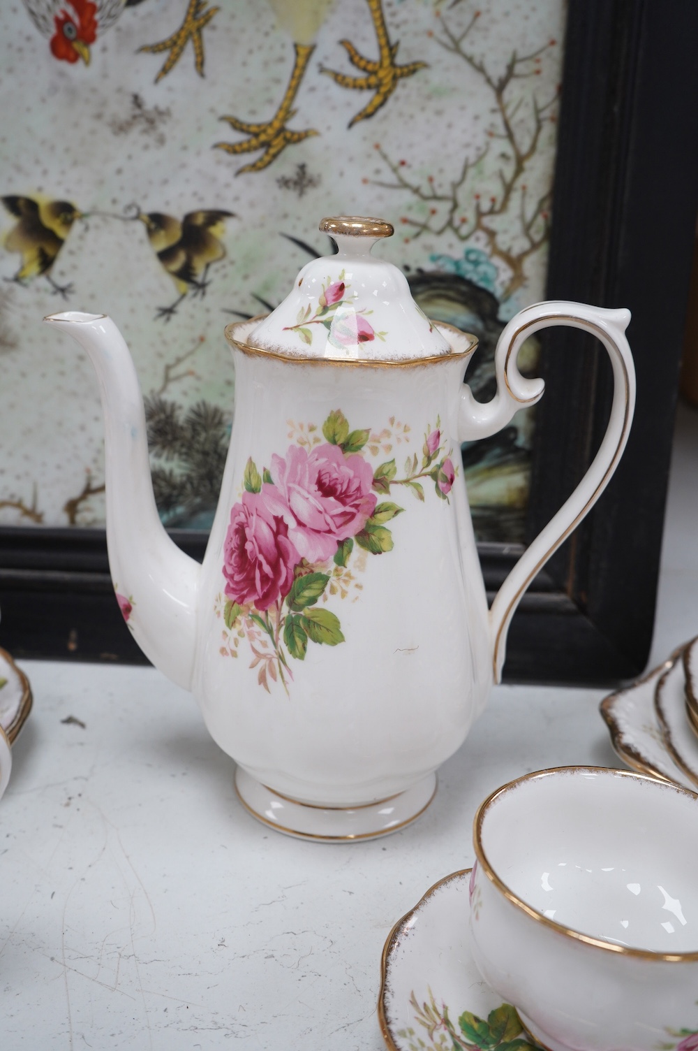 A Royal Albert American Beauty porcelain coffee set to include coffee pot, milk jug and cups and saucers. Condition - mostly good, some wear